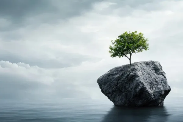 A tree on a rock in the middle of an expanse of water.
