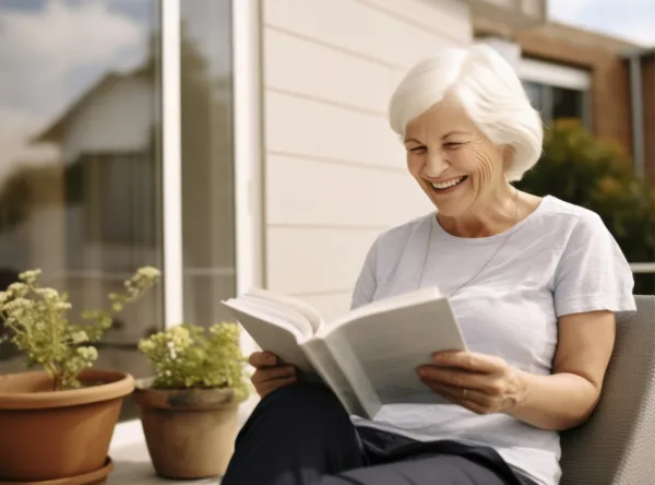 A retired woman happily relaxing outside her home. She is wearing a white t-shirt and is reading a book.