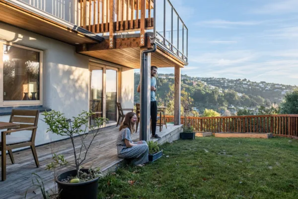 Elizabeth and Everett enjoying the view over Christchurch from their completed home.